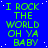 Blue background with green text repeating 'I ROCK THE WORLD OH YA BABY' in four , white dots scattered across the blue field