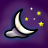 Pixelated crescent moon with black outline and white fill against purple gradient background, surrounded by four yellow stars and two small white dots.
