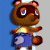 Pixelated character with brown fur, pink inner ears, blue eyes, and a yellow shirt under blue overalls with a white crescent symbol.