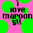 Pixelated pink background with green circles and black text reading "I love maroon 5!!" in two identical frames side-by-side.