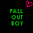 Pixelated green text 'FALL OUT BOY' on black background with pink heart symbol above, two identical side-by-side text blocks.