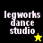 Four quadrant with 'legworks dance studio' text and star symbols on black, olive green, yellow, and dark olive backgrounds
