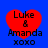 Four identical red heart-shaped icons with black text 'Luke & Amanda xoxo' on a blue background, arranged in a