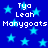 Blue background with light blue stars and repeated white text reading 'Tya', 'Leah', 'Manygoats' in pixelated font.