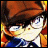 Pixelated static image of a character with brown hair and blue eyes in an anime-style drawing, set against warm orange and yellow background tones.