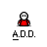 Animated contact sheet of a pixel art character in red shirt with white face, showing sequential frames of speech bubble changes and pose variations against gray background.