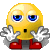 Yellow cartoon character with blue eyes and red feet, shown in multiple poses including raised hands, closed eyes, and hand-to-face gestures.