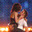 Two figures embrace in a close-up pose against a pixelated background with blue and orange gradients.