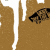 Brown textured background with white vertical stripe and black pixelated shape on right side.