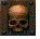 Pixelated skull icon with glowing orange top, dark eye sockets, and greenish-brown facial structure against a multicolored pixel background.