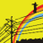 Yellow background with diagonal rainbow stripe, dark tree silhouette on left, black cross-like shape at top right.