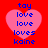 Four identical pink heart-shaped icons with blue text on a red background, each displaying 'toy', 'love', 'love', 'loves', 'kaine' vertically.