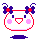Pixelated character with white face, red outline, pink cheeks, blue eyes, and purple bows on head; two variations show mouth shape changes.