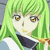 Pixelated anime-style character with long green hair and brown eyes, wearing a dark blue collar over white clothing.