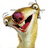 A pixelated cartoon character with a large yellow beak, purple face, and red mouth holding a small object.