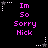 Black background with pink text reading "Im So Sorry Nick" in two , surrounded by white and gray star-shaped pixelated decorations