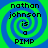 Four identical display a pixelated spiral background with green and blue hues, overlaid with black text reading "nathan johnson is a PIMP" in blocky font