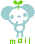 Pixelated cartoon character with light blue ears and body, white face, green sprout on head, holding a green object above its head against gray background.