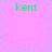 Pixelated green text 'kenz' appears four times on a pink background with scattered cyan dots, forming a static -like arrangement