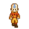 Pixel art character with blue arrow tattoo on forehead, orange and yellow outfit, brown boots, walking pose against gray background.