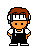 Pixel art character with brown hair and white headband, wearing black overalls with white straps and yellow button, standing with hands on hips against gray background.