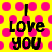 Yellow background with pink polka dots and black text reading "I Love you" in a pixelated font across multiple repeated sections.
