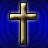 A pixelated golden cross with black outline on blue radial gradient background.