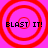 Four identical animated frames showing red concentric circles on a bright pink background with black pixelated text "BLAST IT!" in each quadrant.