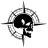 Black and white pixelated icon featuring a central skull with crossbones surrounded by a circular target reticle and four crosshairs.