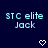 Pixelated text 'stc elite Jack' in light blue on dark blue background with two white heart symbols below.