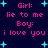 Dark blue background with cyan starbursts and pink text repeating 'Girl: lie to me' and 'Boy: i love you' in pixelated font.