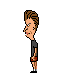 Pixelated cartoon character in dark shirt and shorts performing sequential hand gestures against gray background.