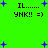 Green background with blue starbursts and repeated text 'IL...... YNK!! =)' in black pixelated font across two