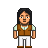 Pixelated character with long black hair, brown vest over light green shirt, white pants, and brown shoes against gray background.