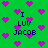 Green background with scattered purple pixelated hearts and repeated text "I LUV JACOB" in dark blue pixelated font.