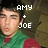 Pixelated image of a person in green and red clothing with text overlays showing 'AMY + JOE' on left, 'PUCKER UP' on top right, and multiple 'ILY' instances below.