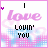 A 4x3 contact sheet of an animated AIM buddy icon showing sequential frames with pink and blue pixelated backgrounds, repeated text "I love LOVIN' YOU", small purple hearts, and varying dot patterns above the 'I'.