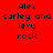 Red background with repeated text blocks showing 'Alex carley and lex y rock' in black pixelated font, with white rectangular overlays shifting position across frames.