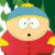 Pixelated cartoon character with light skin, large white eyes, and a small black mouth wearing red clothing and blue hat against green background.