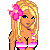 Pixelated cartoon woman with blonde hair and pink flower, wearing striped bikini top against white background.