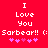 Red background with white pixelated text reading "I Love You" and "Sarbear!! (:" followed by pink heart symbols, displayed in two identical side-by-side