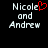 Pixelated text 'Nicole and Andrew' with a red heart replacing the letter 'e' in Nicole on one side, displayed against black background.