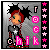 Pixel art doll with red hair and green eyes, wearing a black outfit with white star, standing against gray background with pink text and star border.