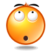Two orange cartoon faces with black eyebrows, white eyes showing small black pupils in first frame and horizontal lines in second frame, brown oval mouths, and gray shadows beneath them on a light gray background.