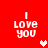 Red background with white pixelated text "I Love you" and two heart symbols, one white and one pink.