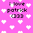 Pixelated pink background with white heart shapes and repeated text 'i love patrick <333' in black pixel font.