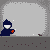Pixelated character in dark blue outfit with white face and red hands performs actions including throwing small objects, igniting green sparks, and falling backward.