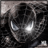 Spider-Man mask with web pattern and glowing eyes, two side-by-side frames showing eye light intensity variation.