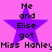 Purple star-shaped icon with black text on pink background, displaying "Me and Elise got Miss Hanley" in pixelated font across four repeated star