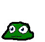 Green pixelated frog-like head with large white eyes and blue pupils, expression shifts from neutral to slightly smiling across frames.